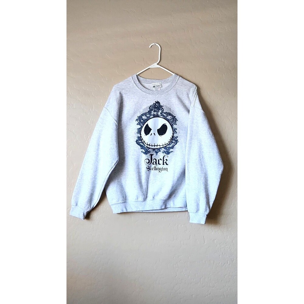 Disney Parks Jack Skellington Face Gray Fleece Crewneck Pullover Unisex Adult L